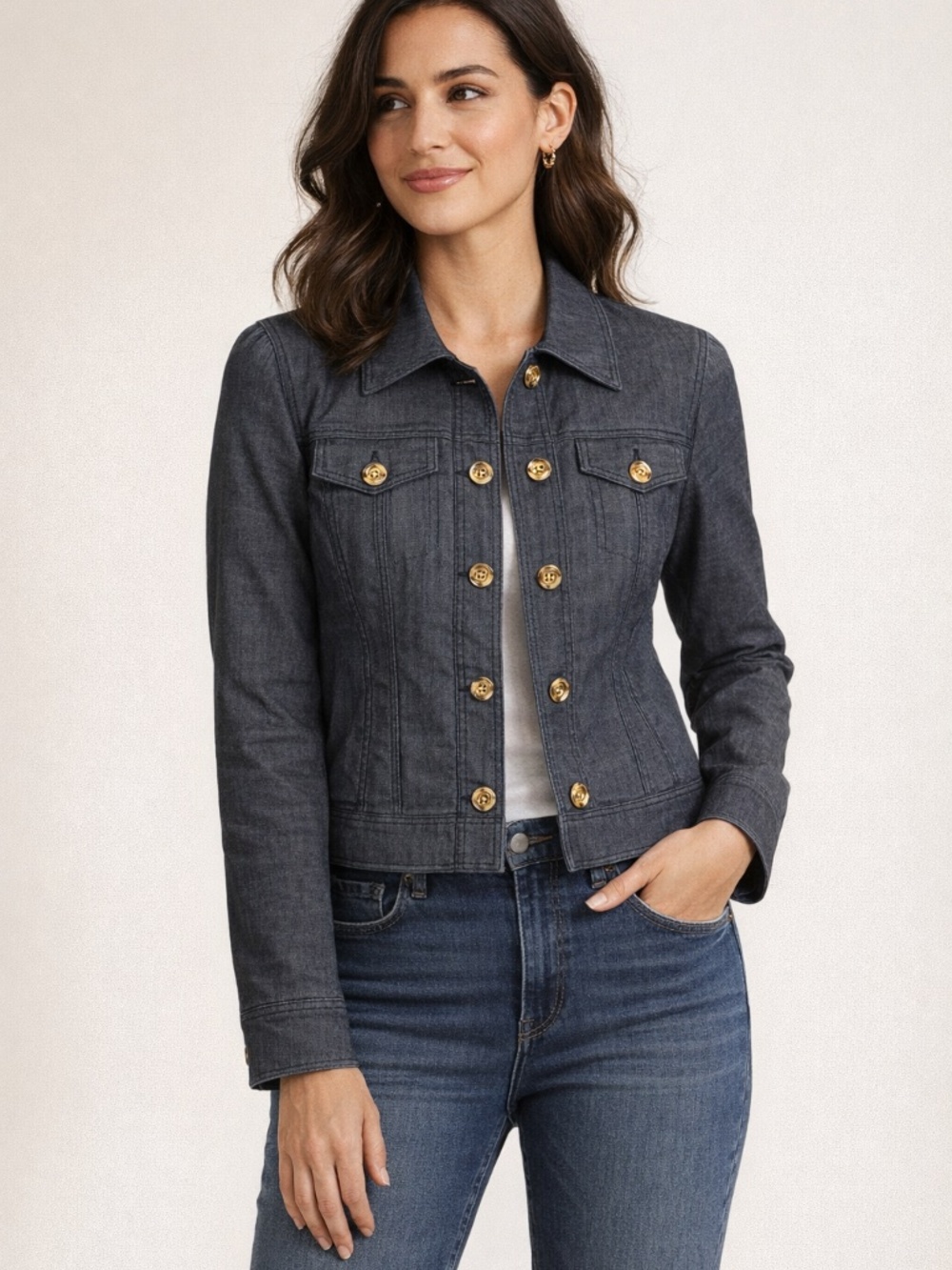 ESCADA Tailored Denim Jacket Prominent Gold Tone Buttons Feminine Trucker 36 6 S